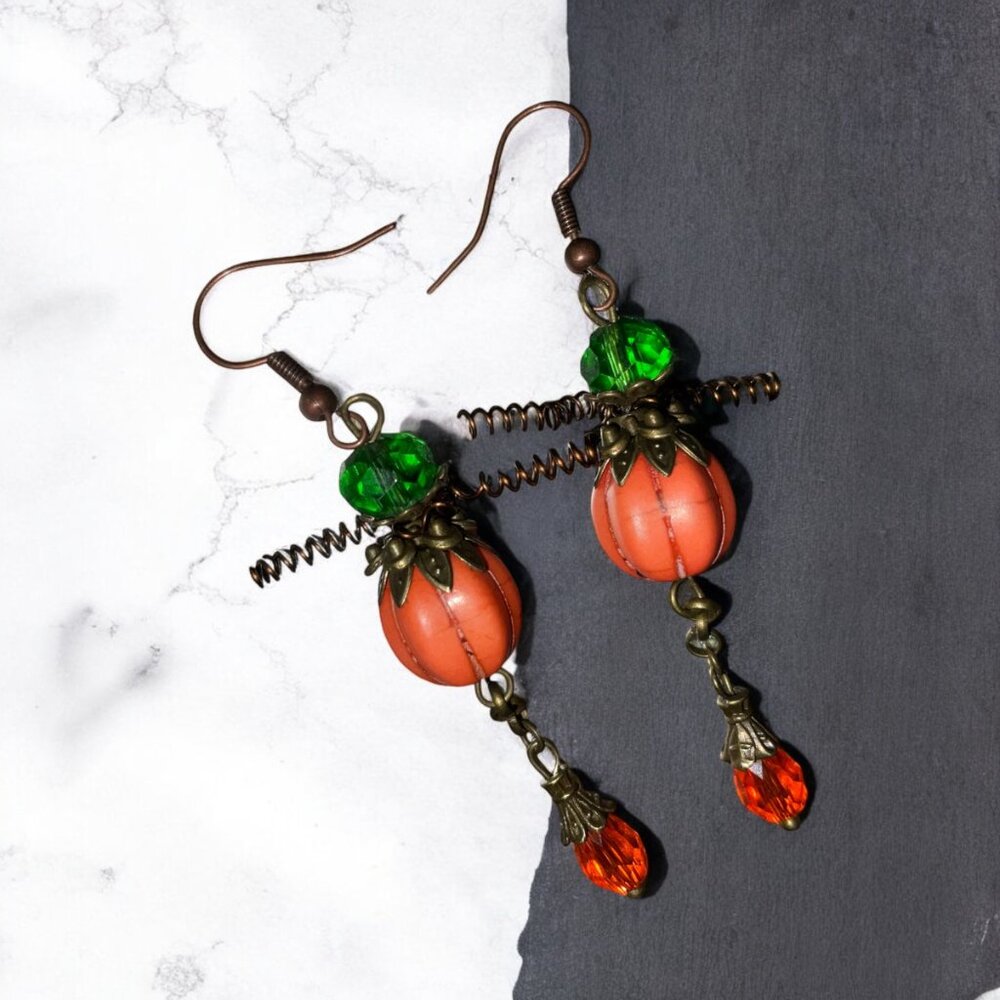 Pumpkin Bicone Bead Dangle Drop Earrings - Picture 4 of 4